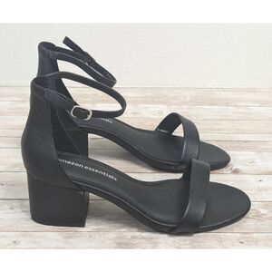 Essentials Womens 7.5 Black Leather Adjustable Ankle Strap Sandal 2" Heel